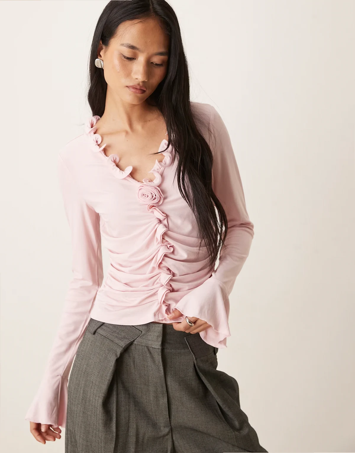 ruffle trim long sleeve top in cherry blossom pink