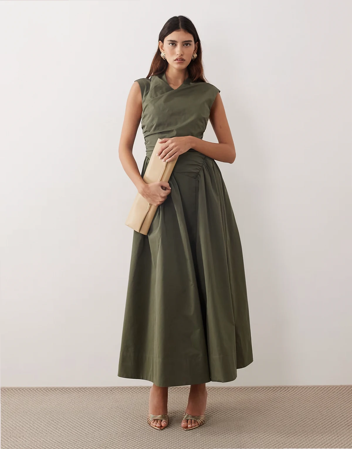 wrap dropped waist maxi dress in dark khaki green
