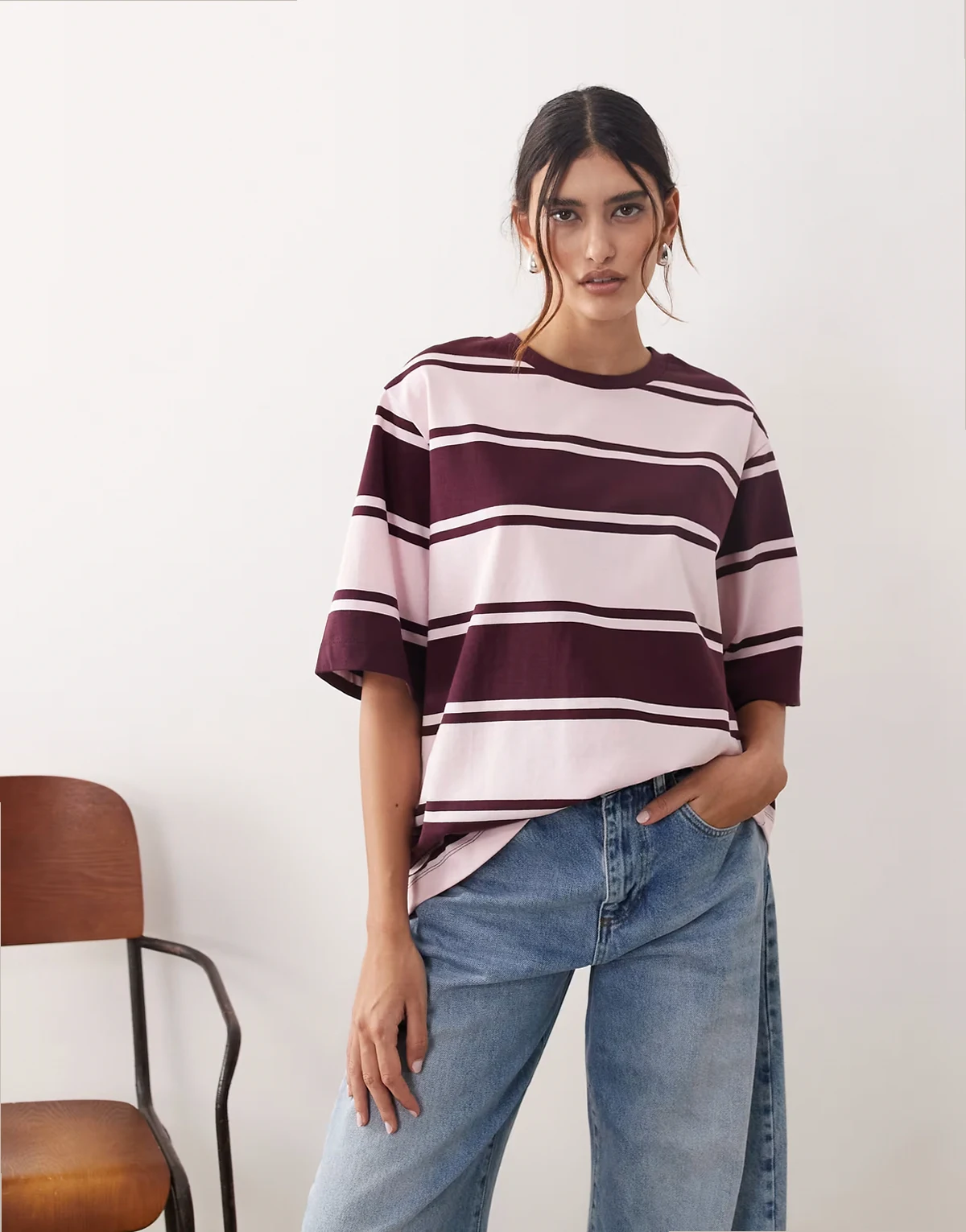 oversized premium heavyweight t-shirt in pink and burgundy stripes