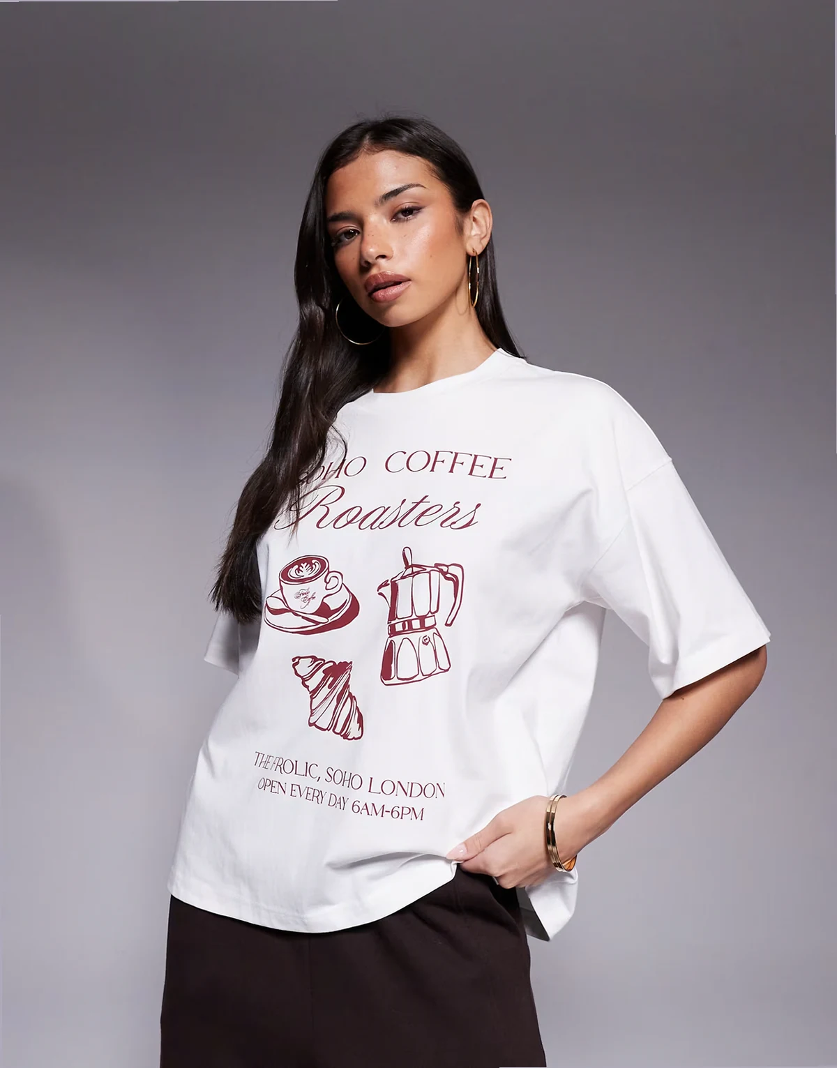 exclusive cotton dropped shoulder 'coffee' graphic front oversized T-shirt in cream