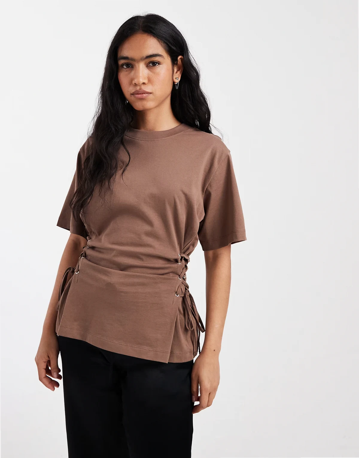 ASOS DESIGN lace up tie sides t-shirt in chocolate