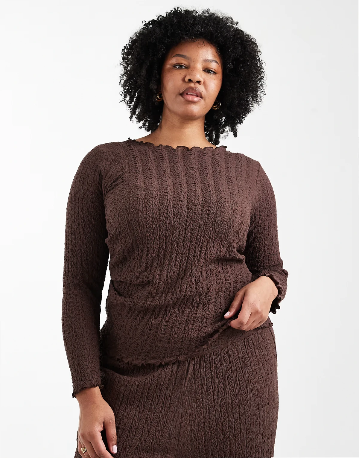 long sleeve textured top in chocolate brown - part of a set