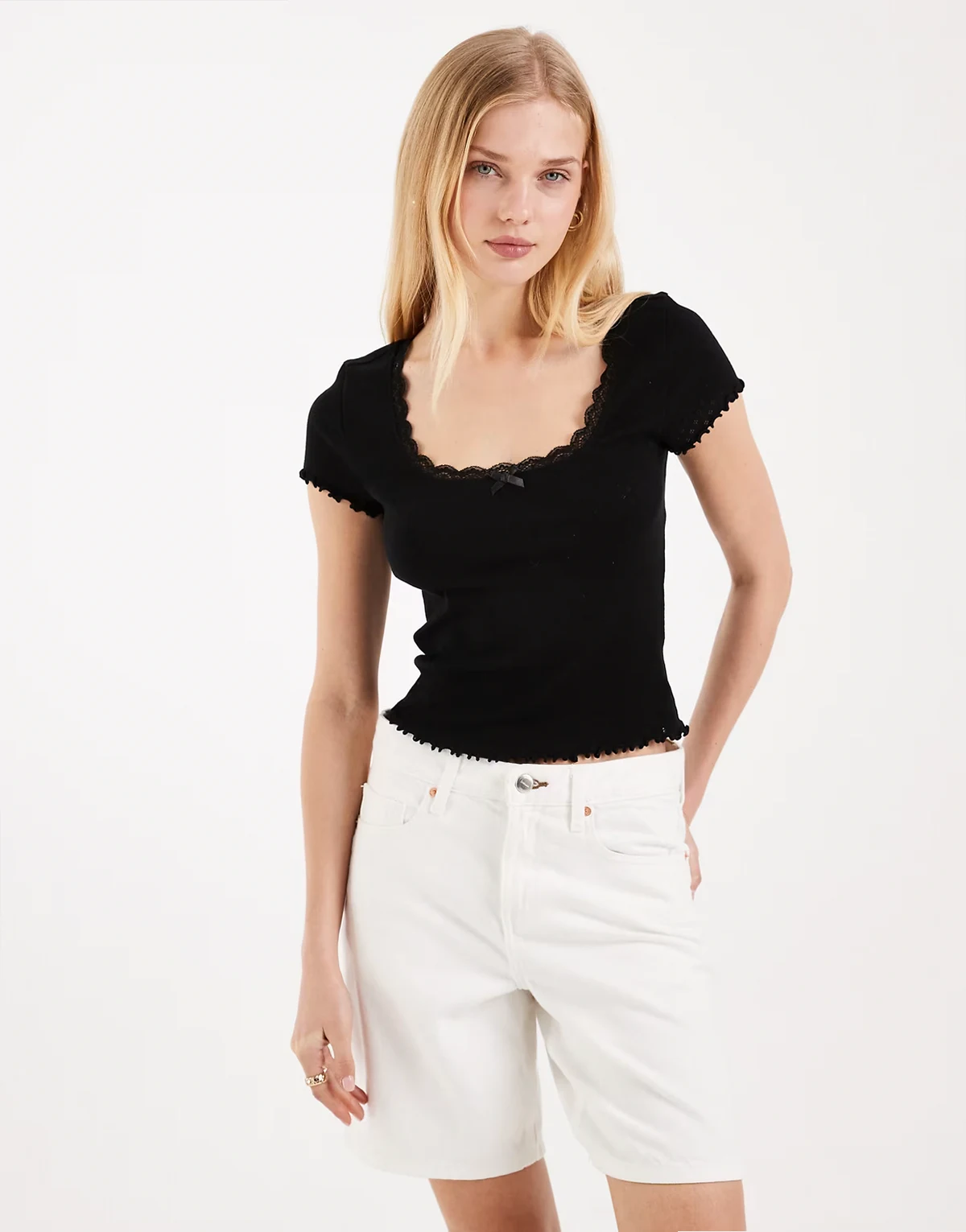 pointelle square neck lace trim tee in black
