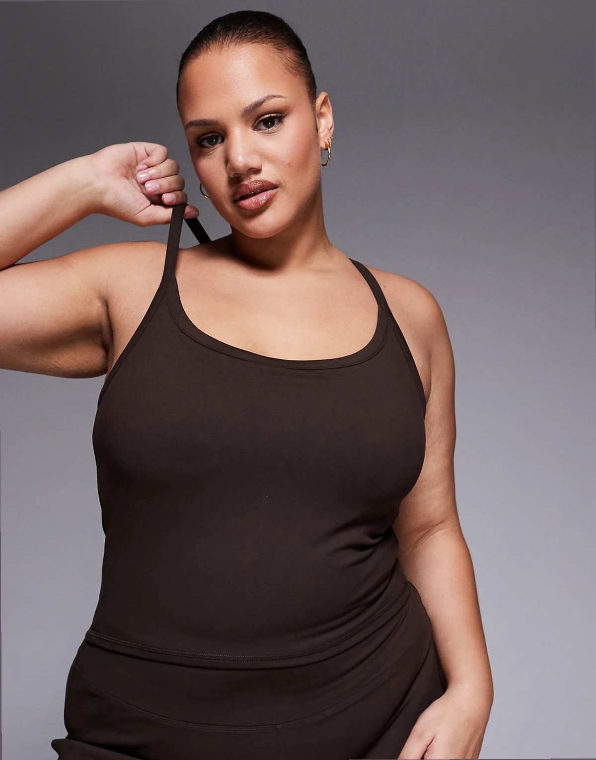 Curve Icon soft touch yoga cami with inner bra and adjustable straps in chocolate