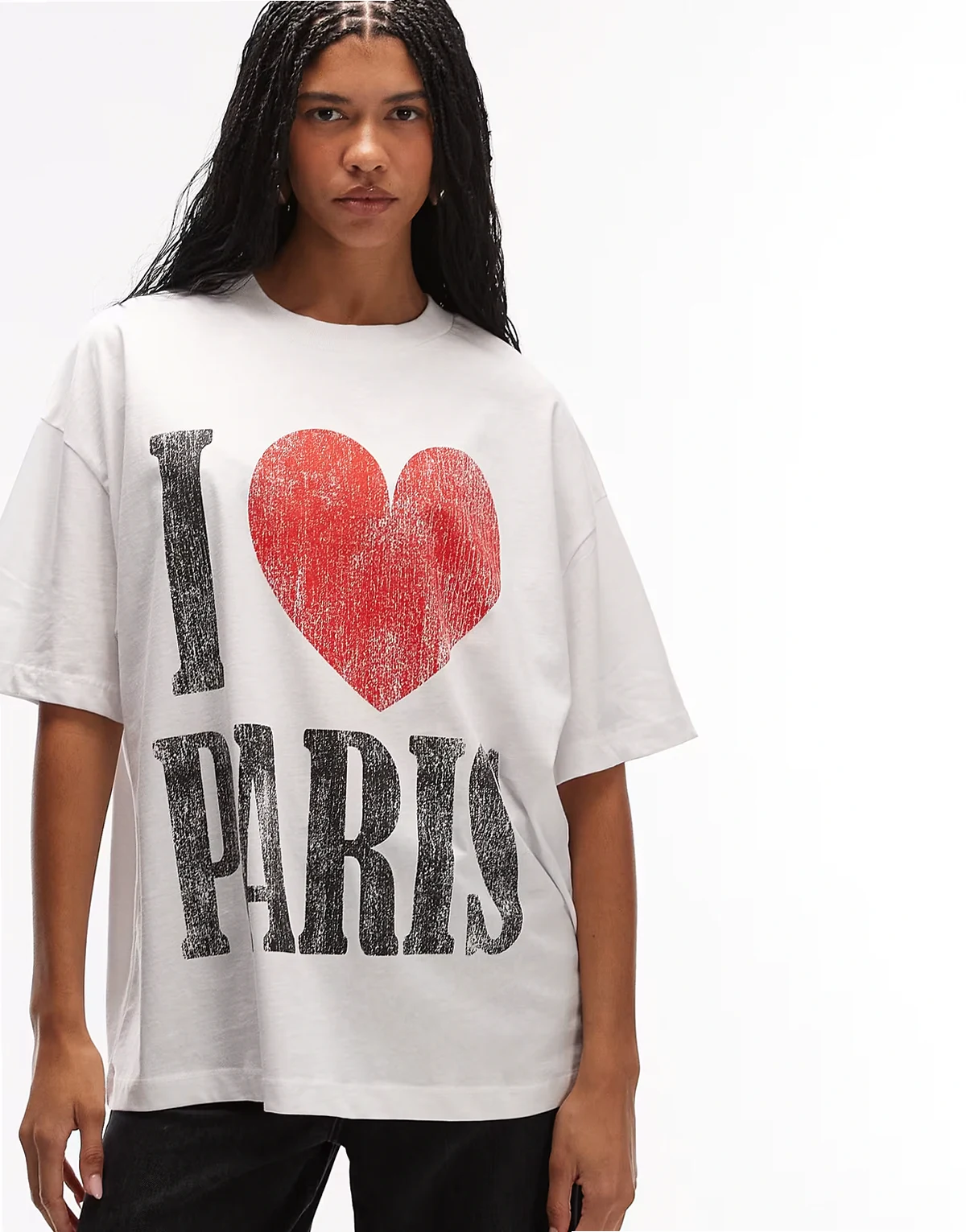 – Biały T-shirt oversize ze spraną grafiką „I love Paris”