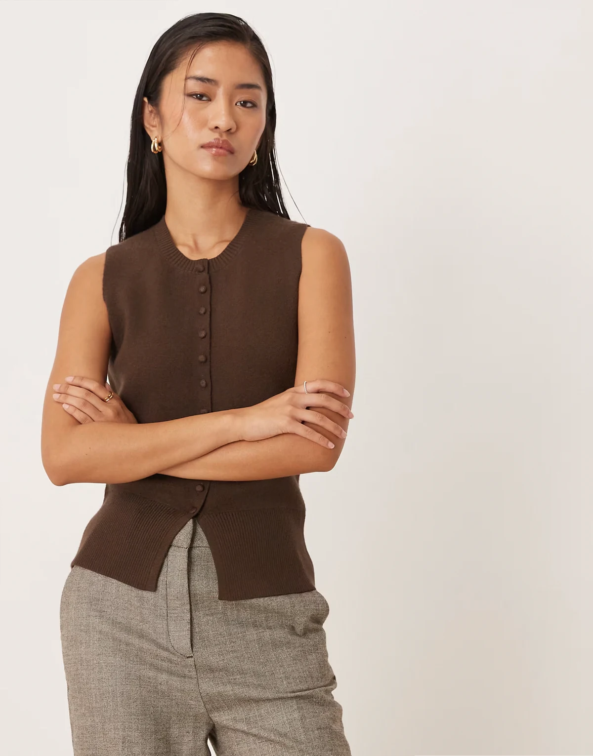crew neck cardigan vest in chocolate brown