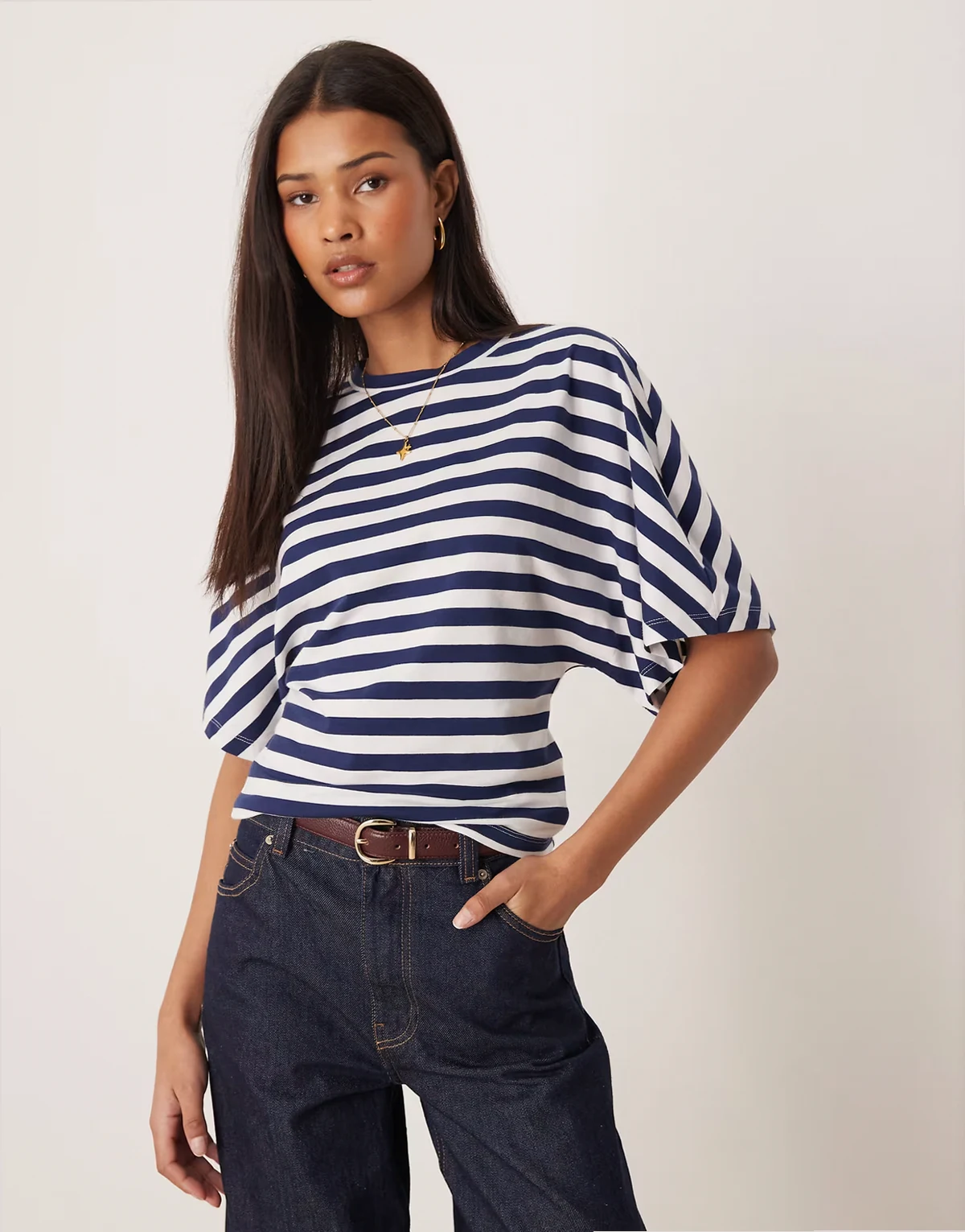 short sleeve cinched waist top in blue and white stripe