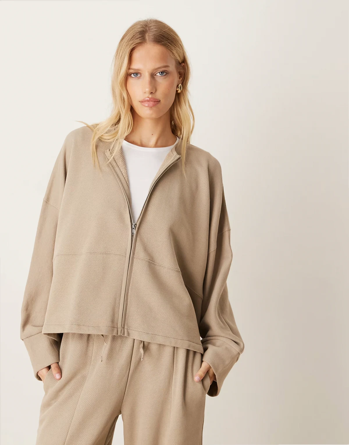 zip up bomber jacket in sweatshirt fabric in khaki - part of a set