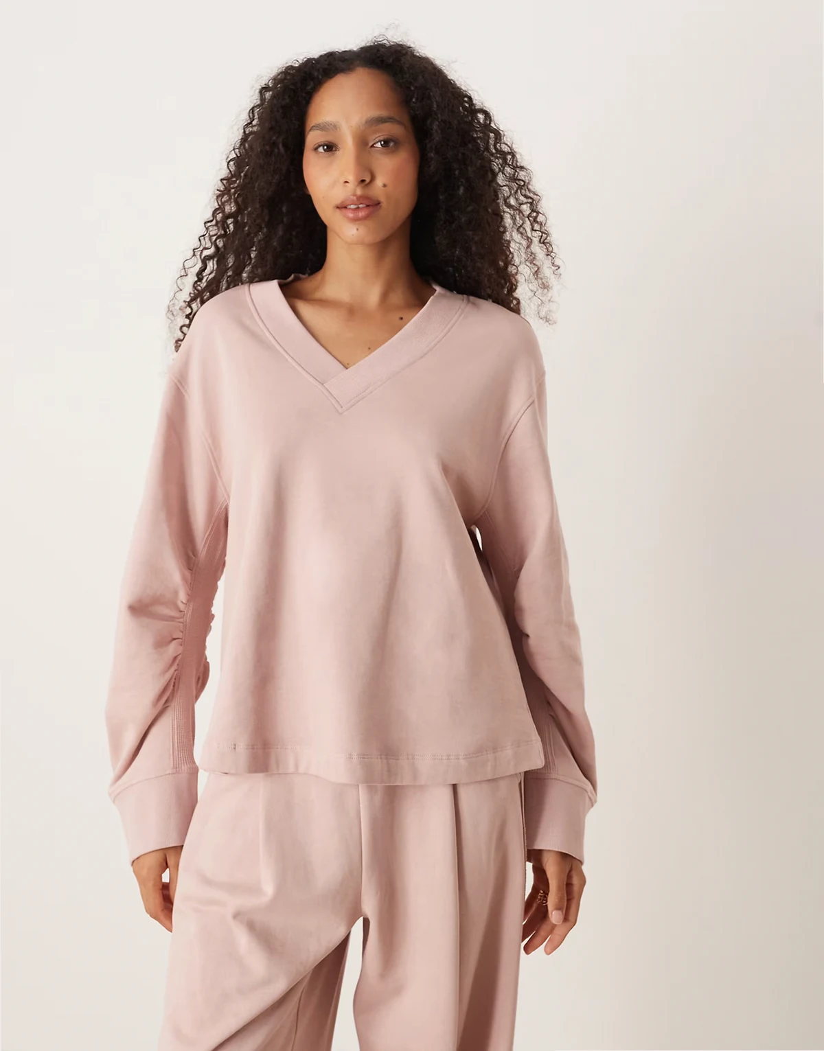 v neck sweatshirt with waffle panel detail in pink - part of a set