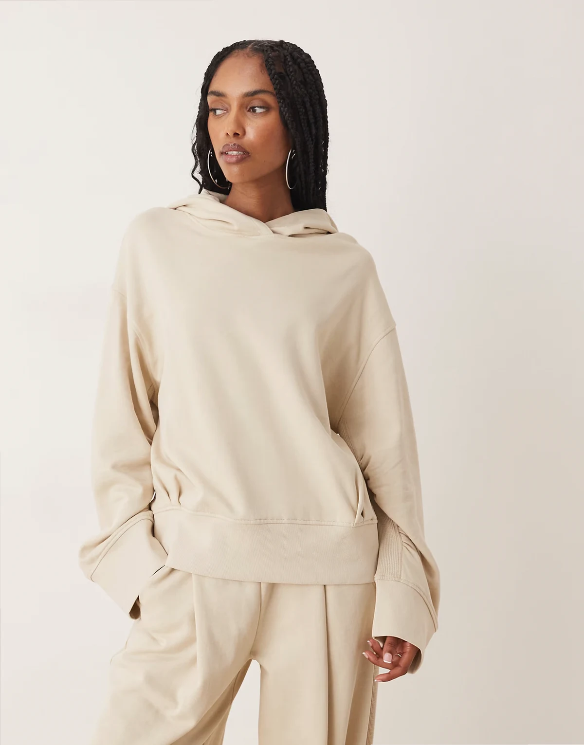hoodie with waffle-knit panel detailing in taupe - part of a set