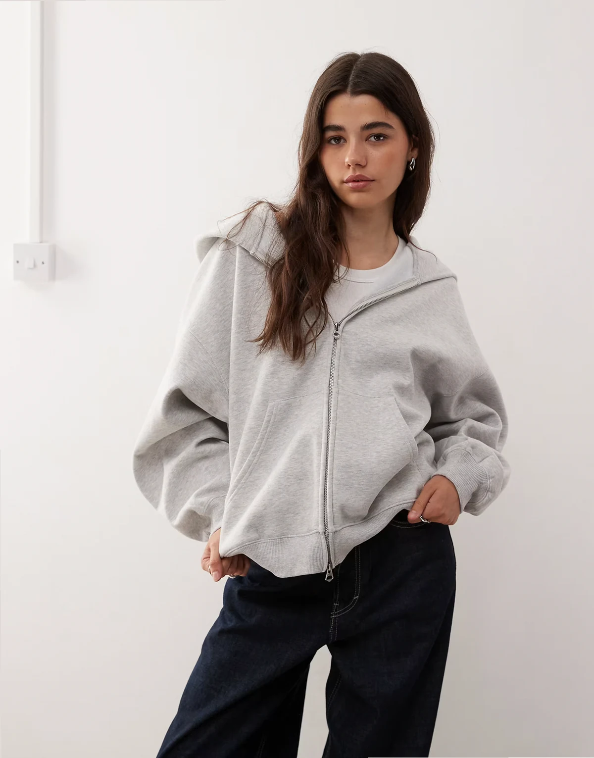 oversized heavyweight zip through jersey hoodie in gray melange
