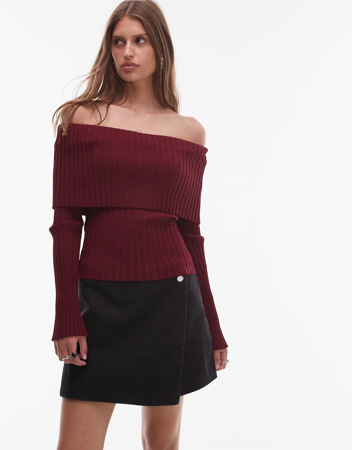 Saffron off shoulder long sleeve sweater in burgundy