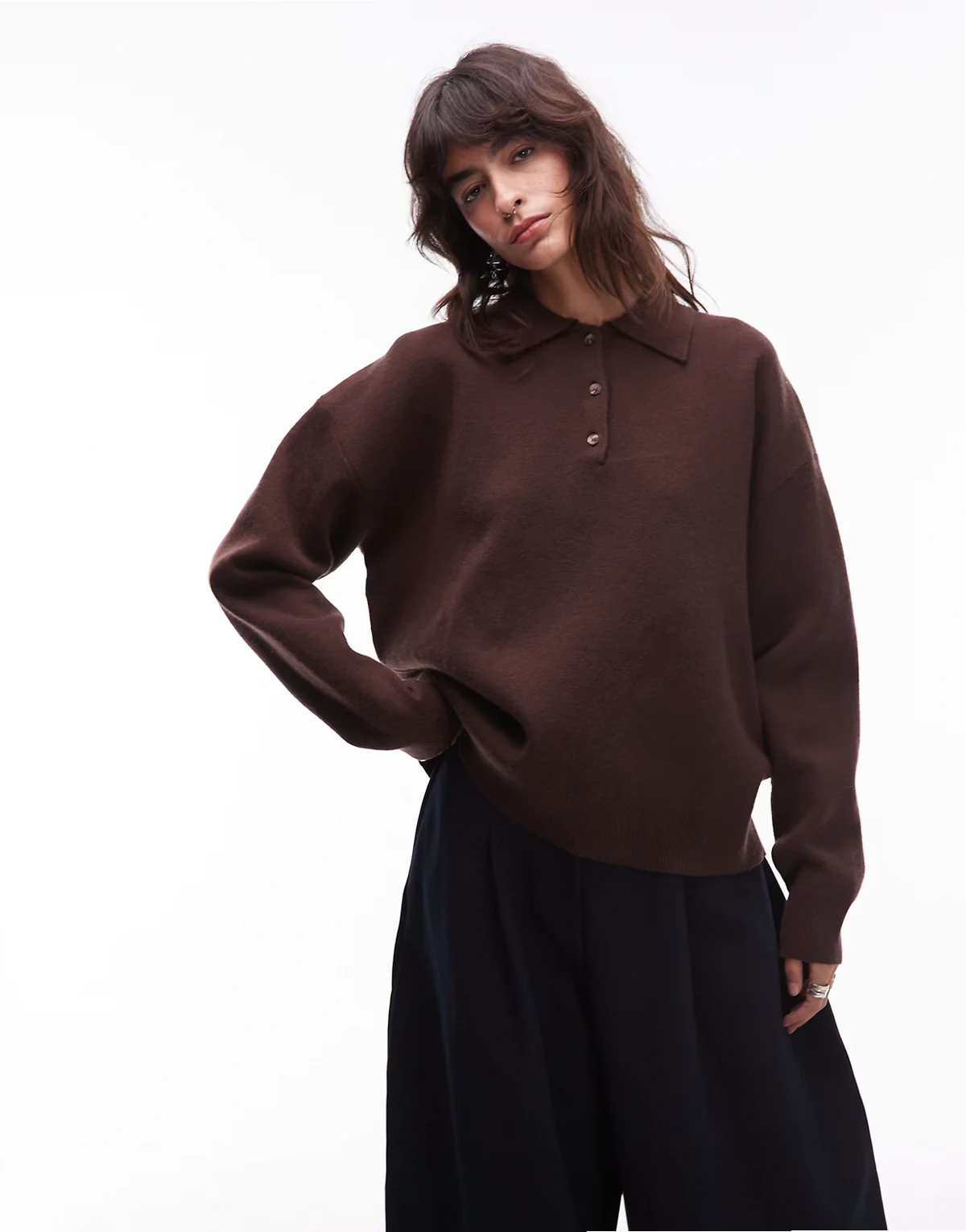 Marlowe long sleeve collared sweater in brown