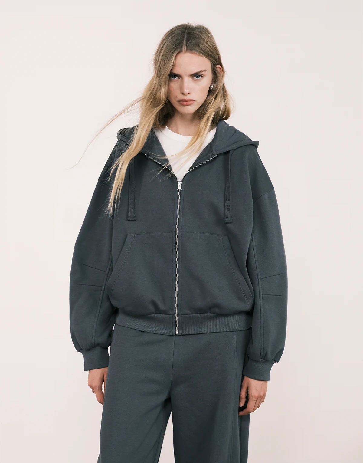 zip through hoodie with balloon sleeves in charcoal - part of a set