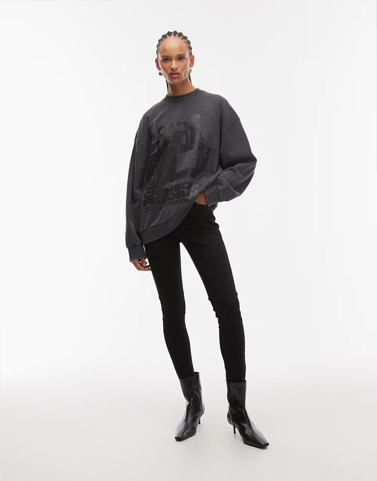– Oversize-Sweatshirt in verwaschenem Grau mit Vintage-Band-Grafikprint