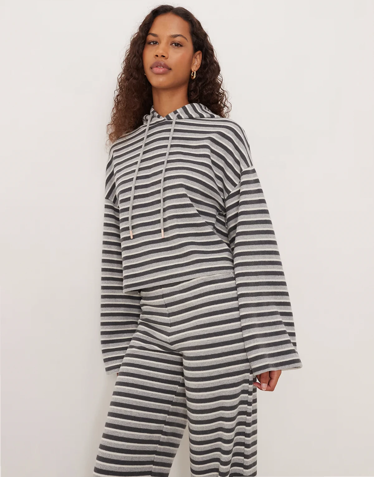 brushed striped pull over hoodie top in gray - part of a set