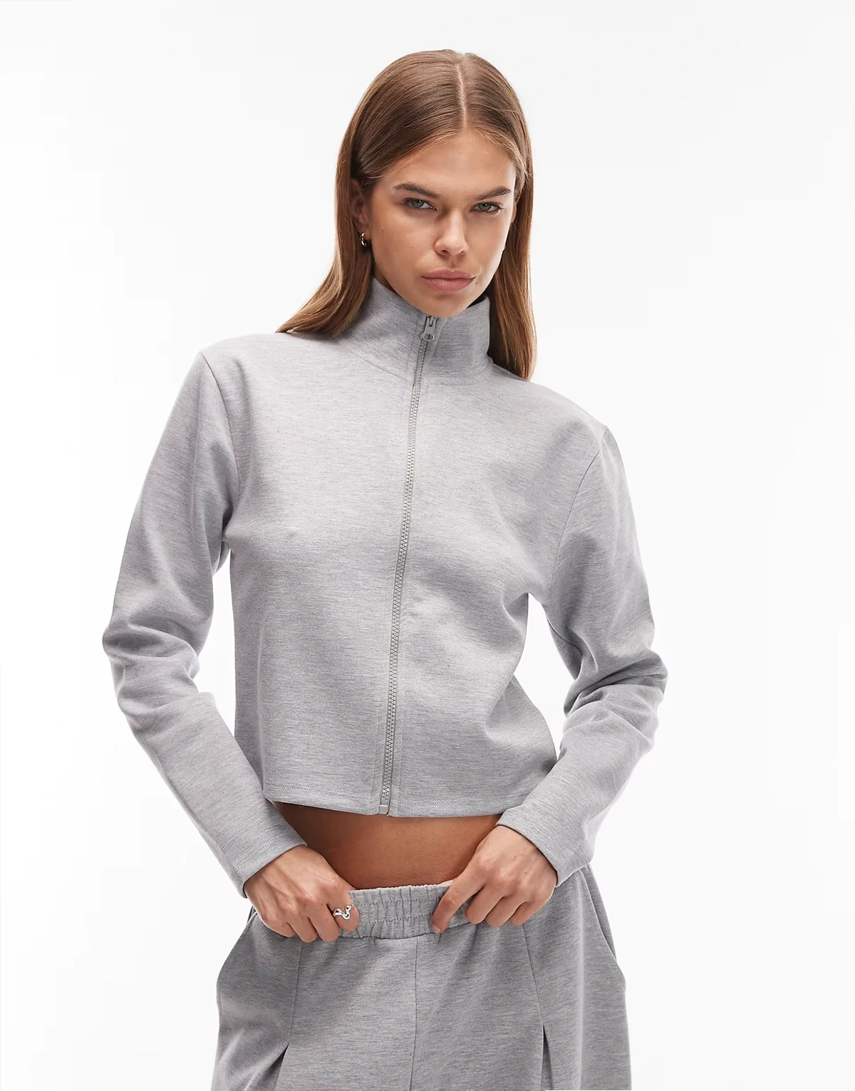 interlock zip up high neck sweatshirt in heather gray - part of a set