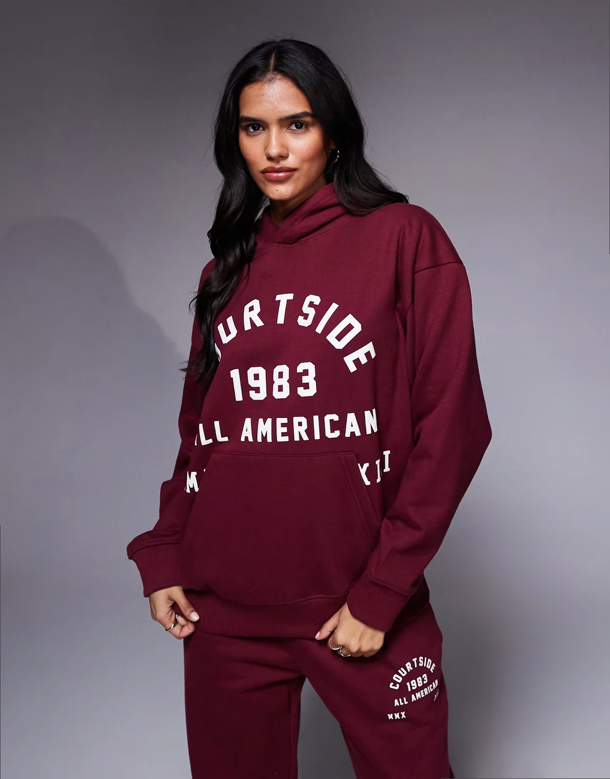 oversized pullover hoodie in burgundy with collegiate print - part of a set