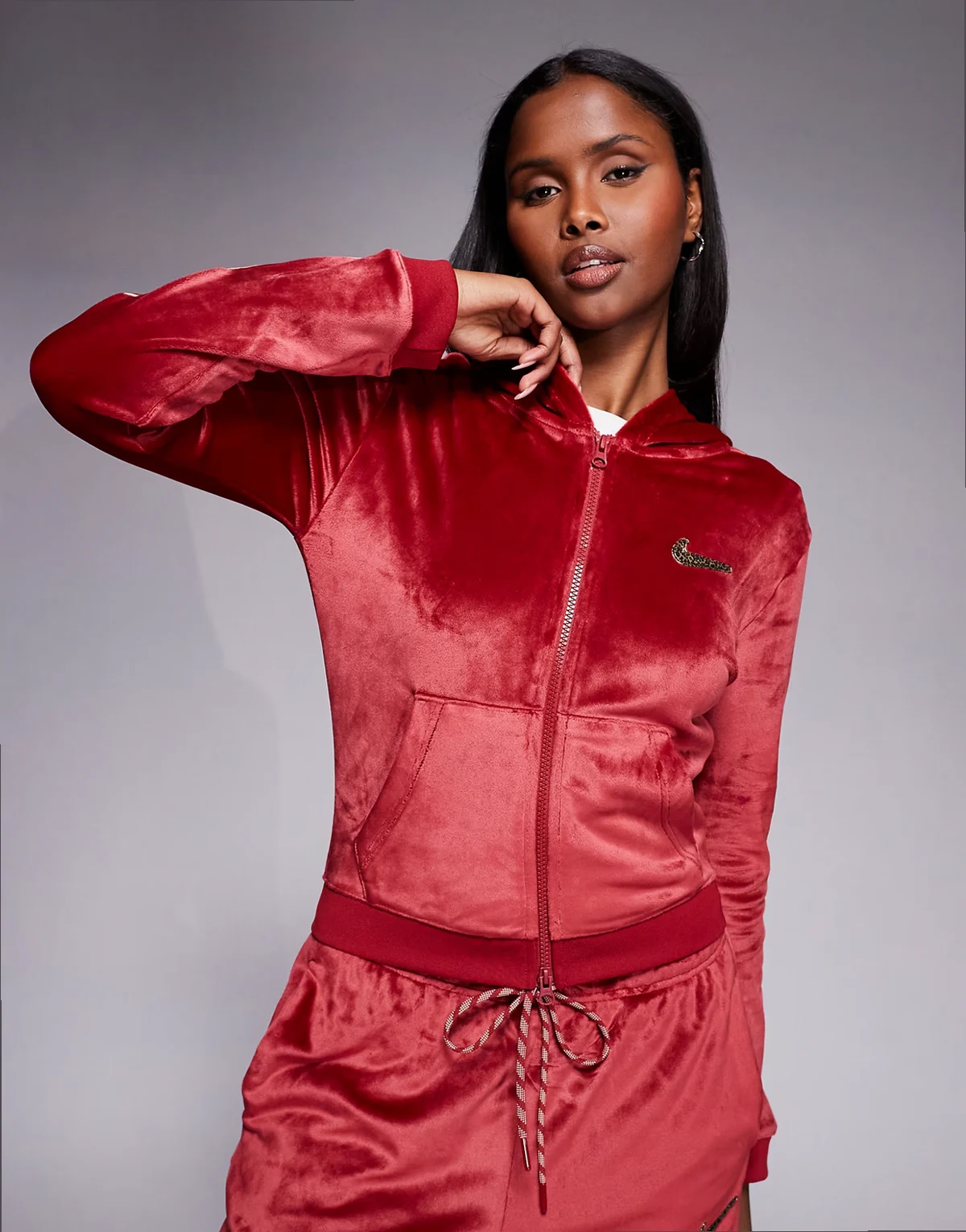 Velour full-zip hoodie in burgundy