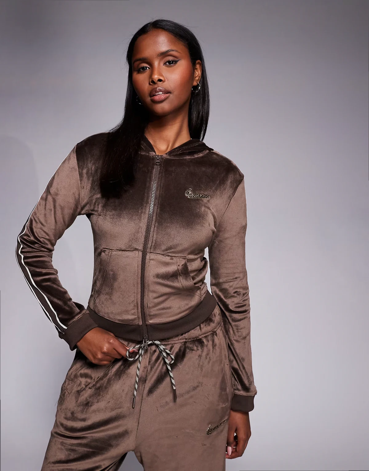 velour full-zip hoodie in brown