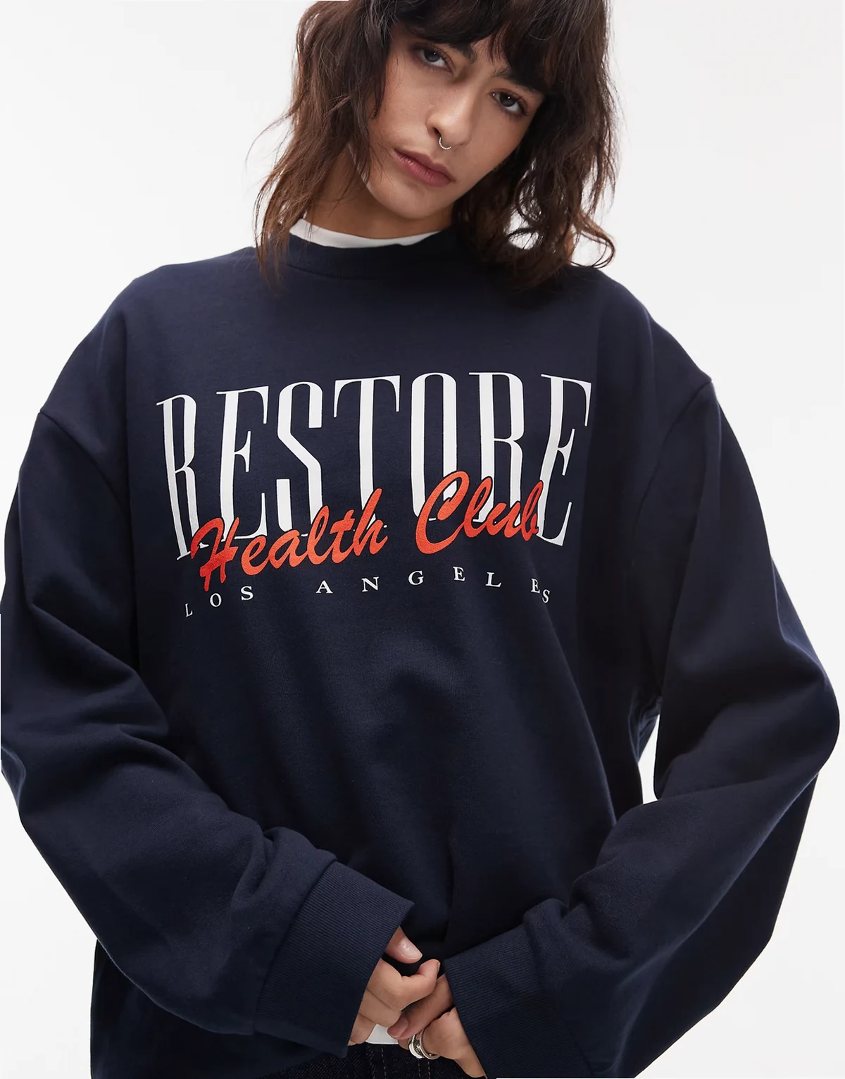 – Oversize-Sweatshirt in Marineblau mit „Restore Health“-Grafikprint