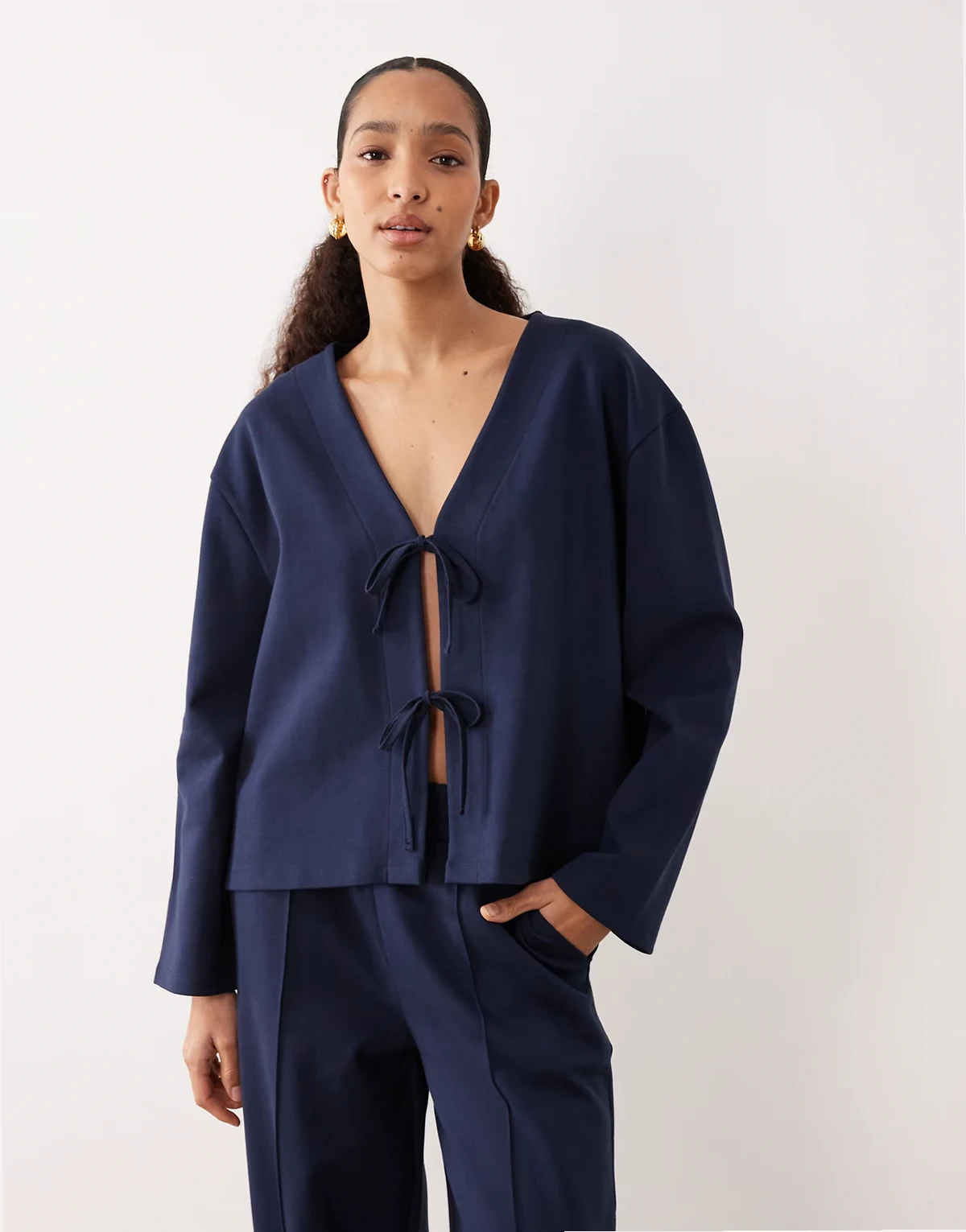 interlock oversized top with bow tie detailing in navy - part of a set