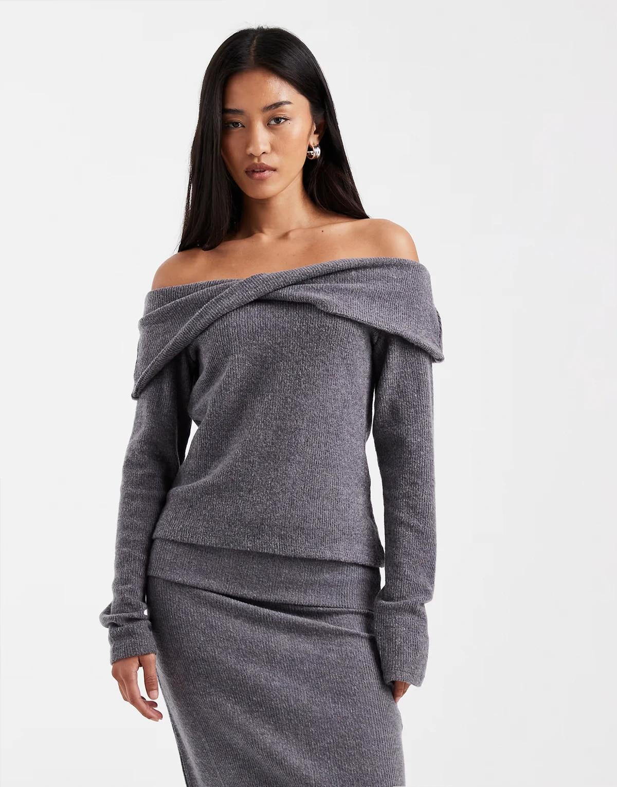 soft touch off shoulder long sleeve top in gray melange - part of a set