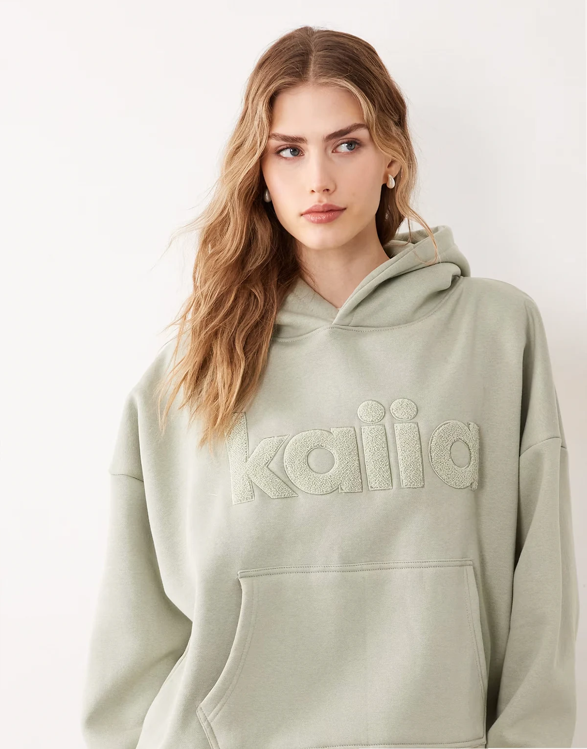 cotton rich oversized borg logo hoodie in sage green - part of a set