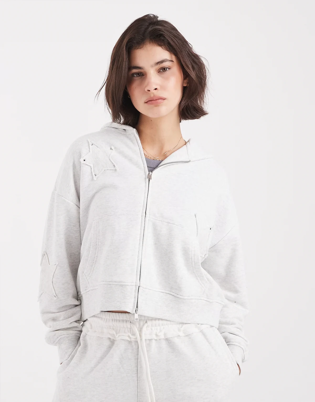 raglan oversized hoodie with star appliqués in heathered cloud - part of a set