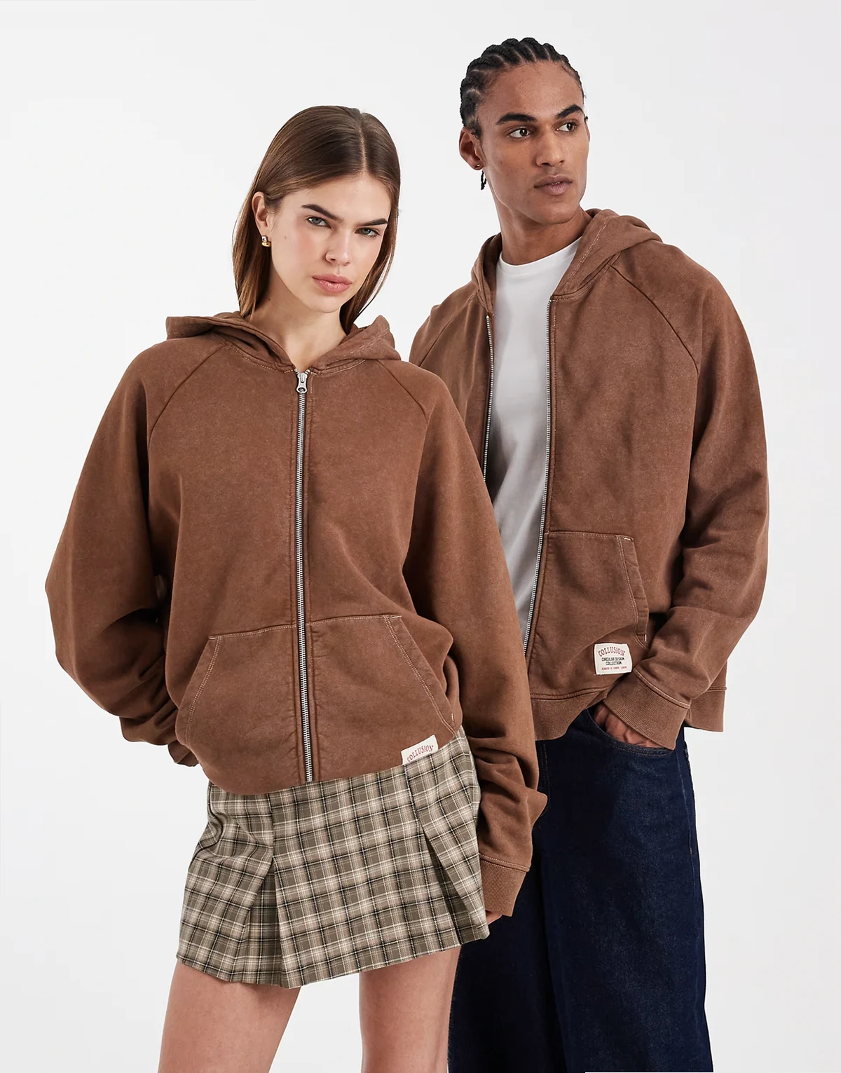 Unisex – Circular Design Collection – Zapinana na zamek gruba brązowa bluza pudełkowa z kapturem i efektem sprania