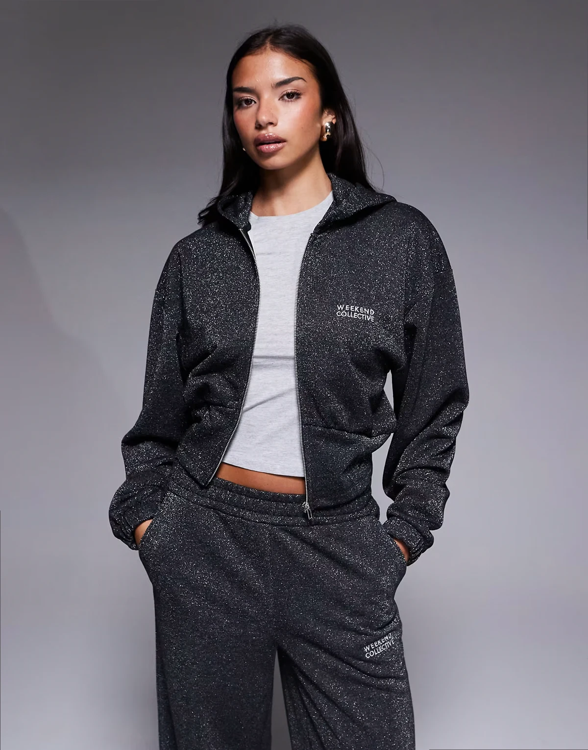 Weekend Collective zip up hoodie with metallic thread in charcoal - part of a set