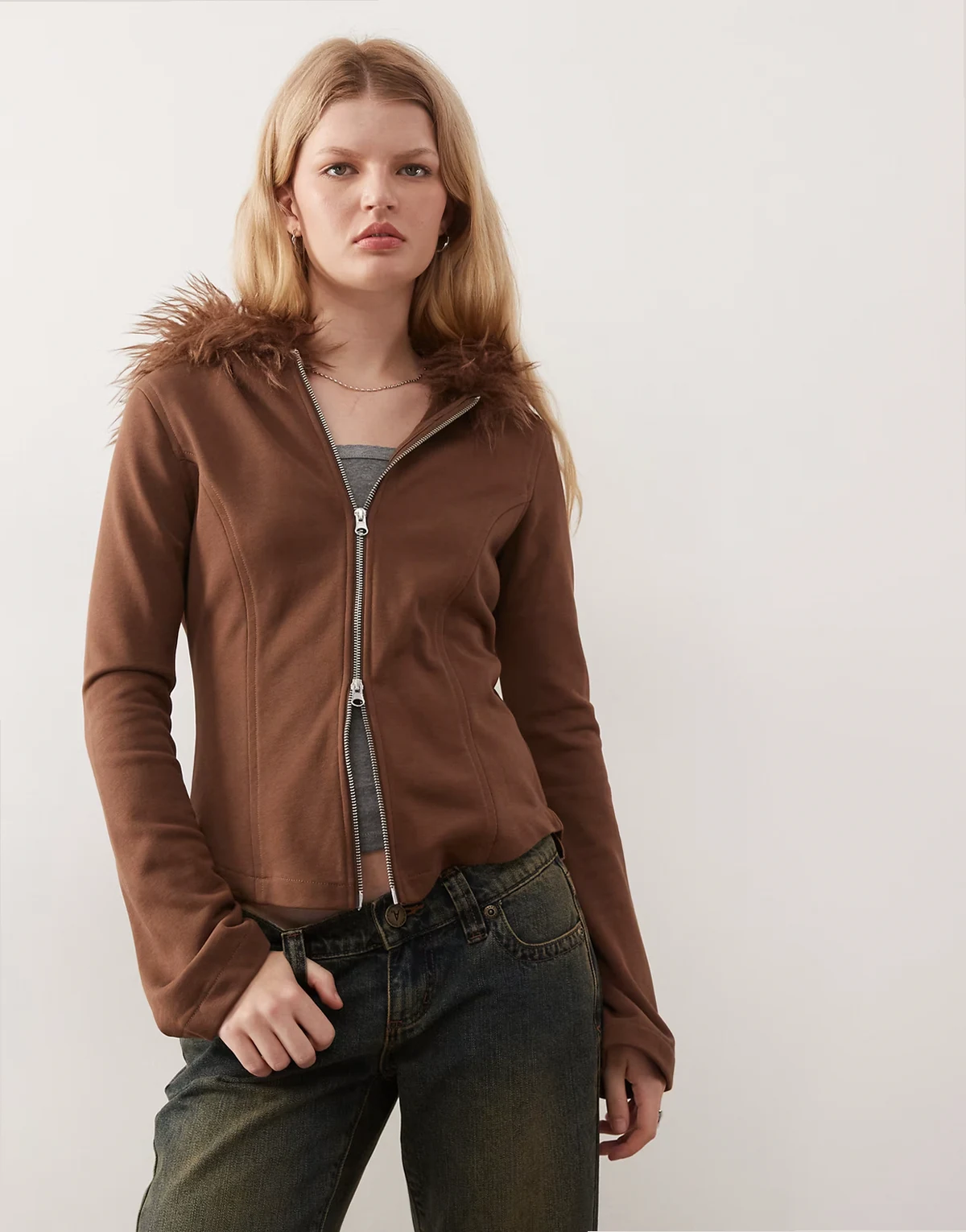 double zip hooded faux fur jacket in chocolate brown