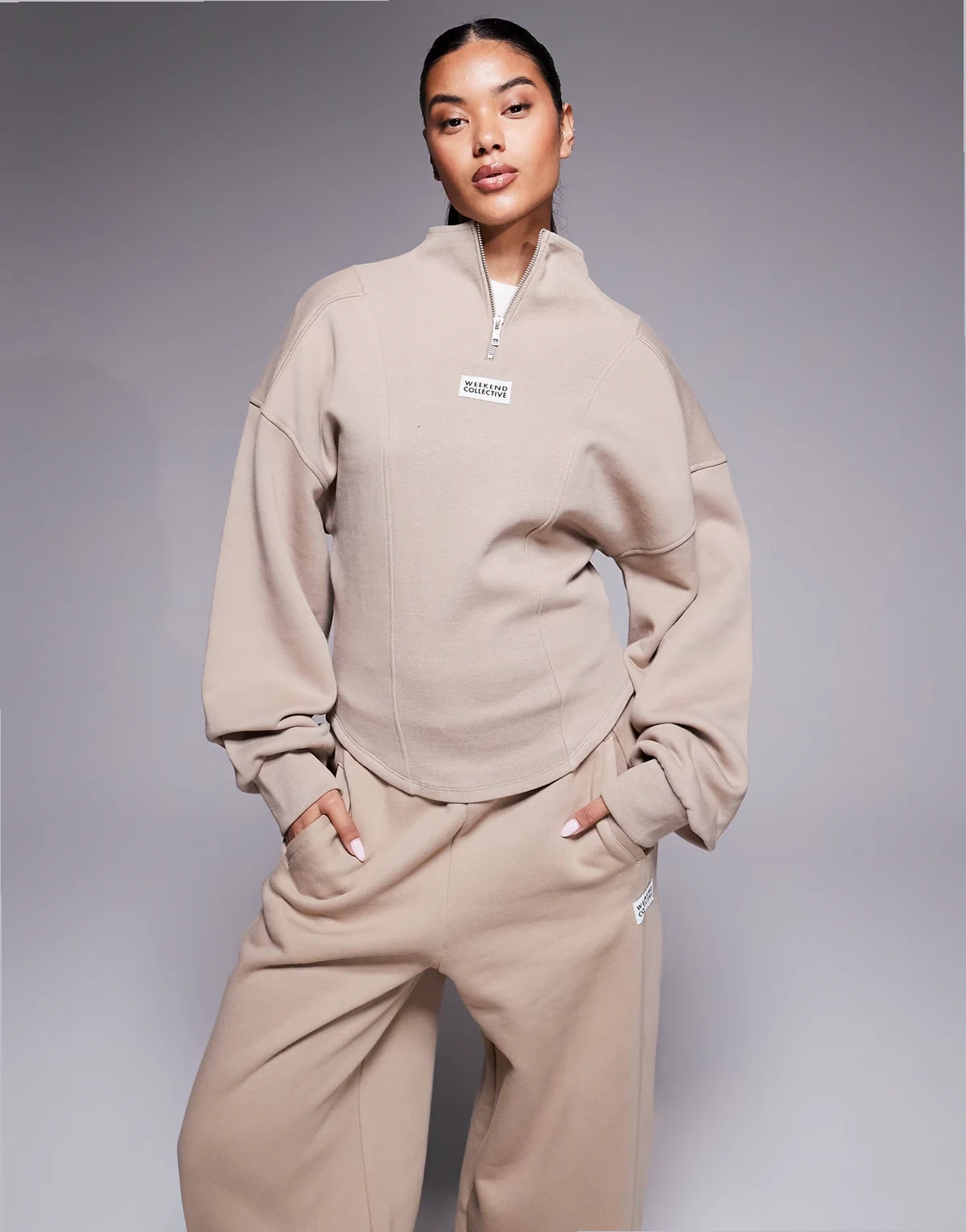 Weekend Collective heavyweight half zip ribbed mix sweatshirt in mocha- part of a set