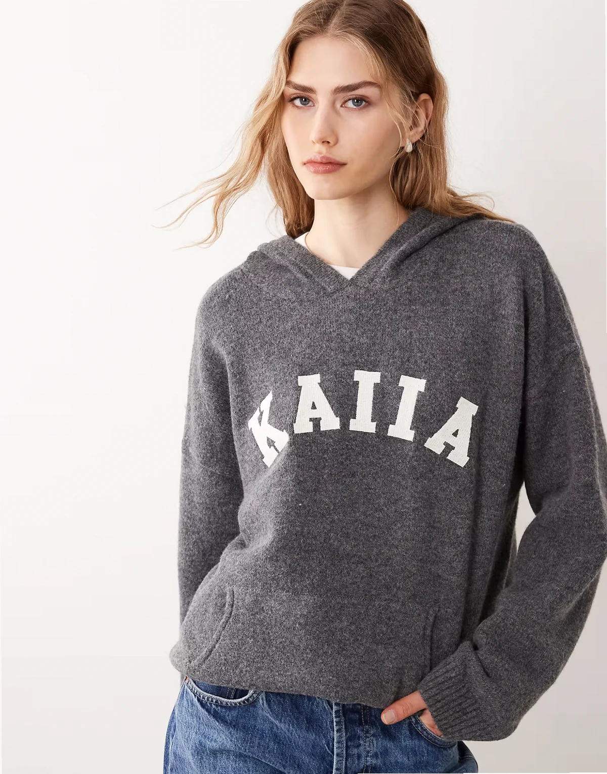 knit embroidered logo hoodie in charcoal - part of a set