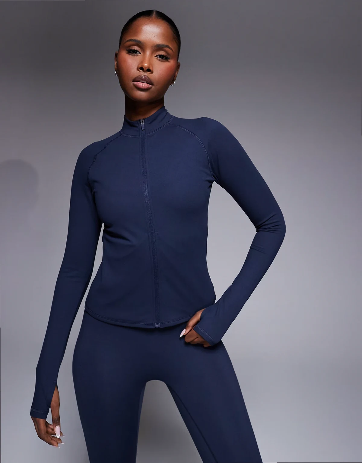 Icon soft touch zip up studio long sleeve top in midnight navy