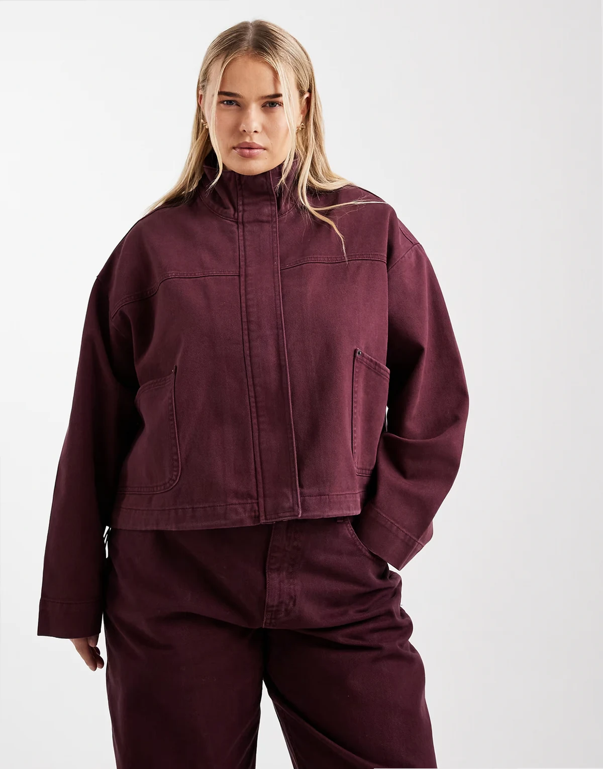 ASOS DESIGN Curve denim funnel neck jacket in burgundy - part of a set