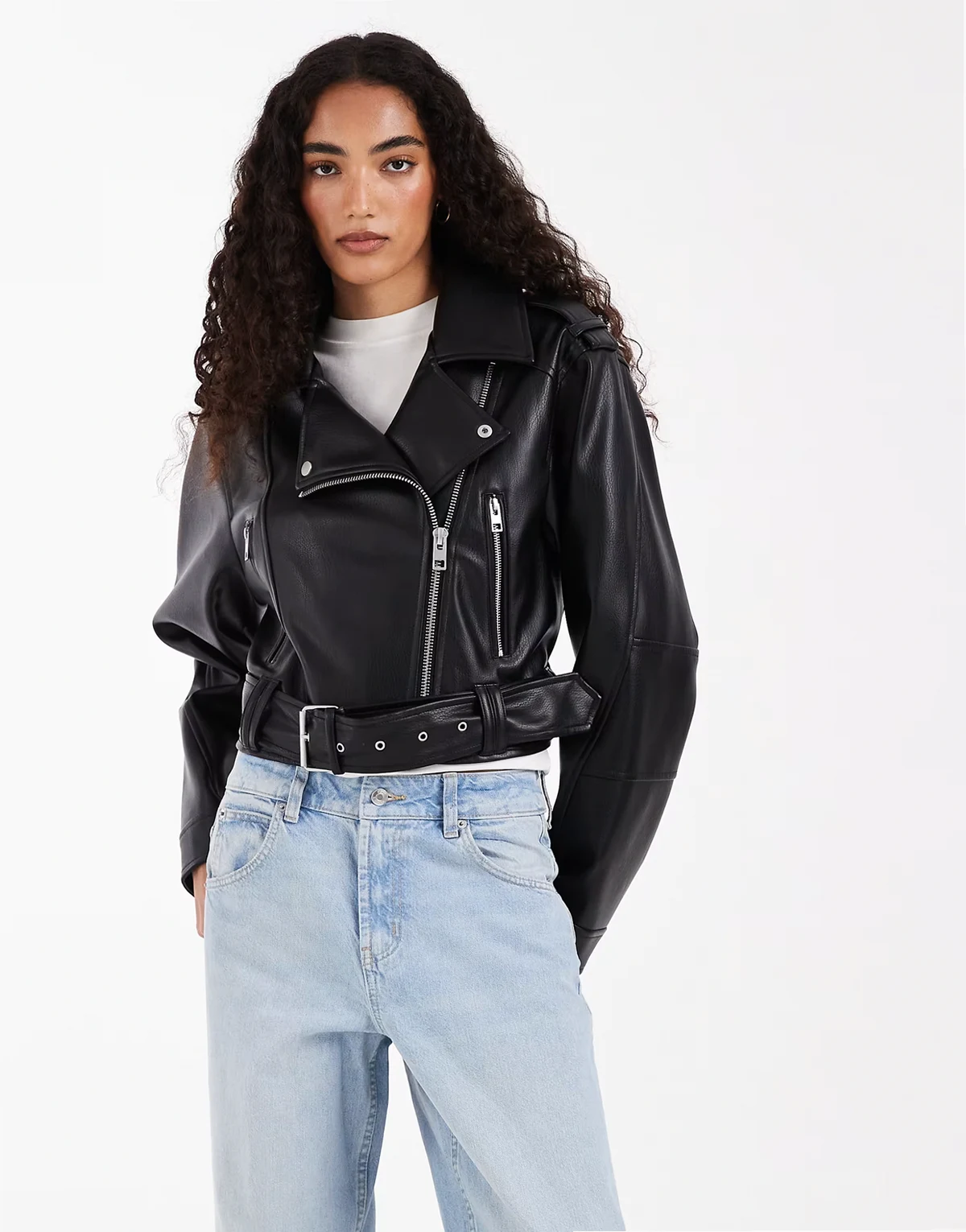 ASOS DESIGN Tall leather look shrunken biker jacket in black