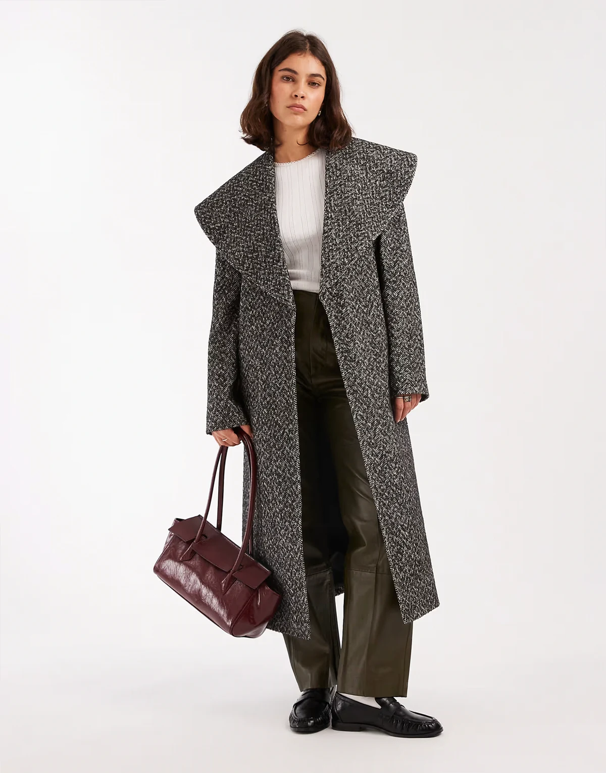 formal shawl collar wrap coat in herringbone