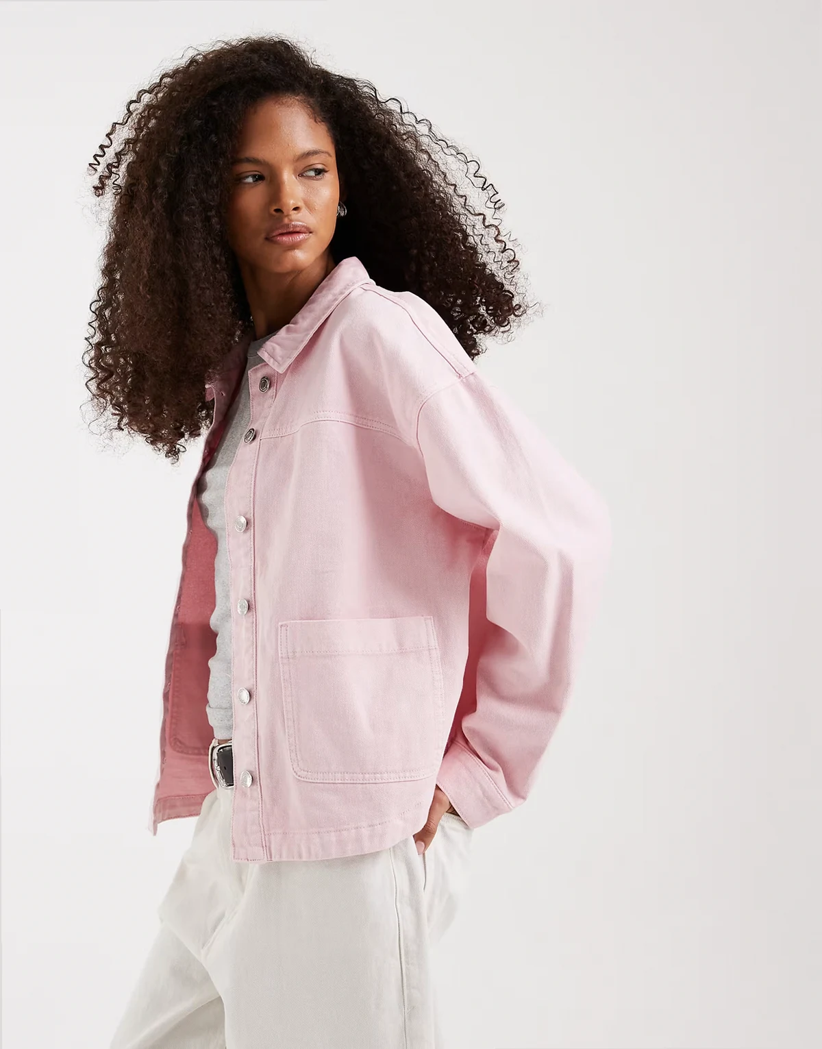 denim shacket with front pockets in parfait pink