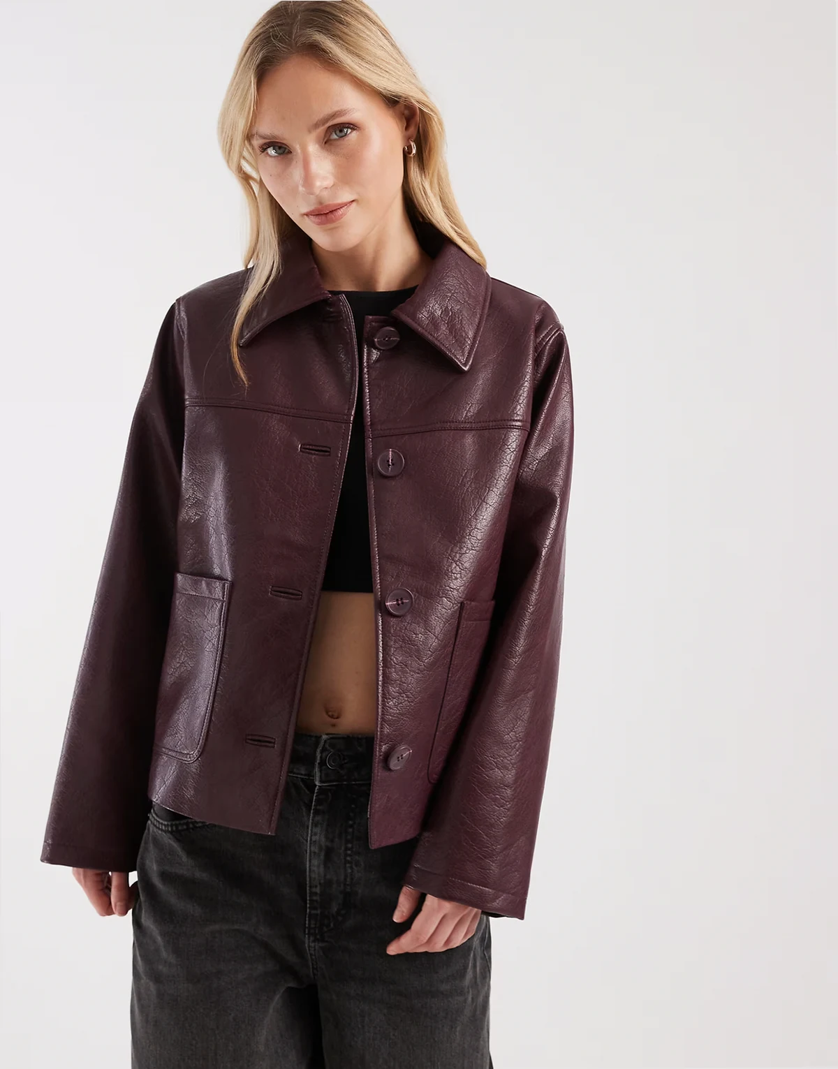 ASOS DESIGN Petite – Bordowa kurtka Harrington z imitacji skóry