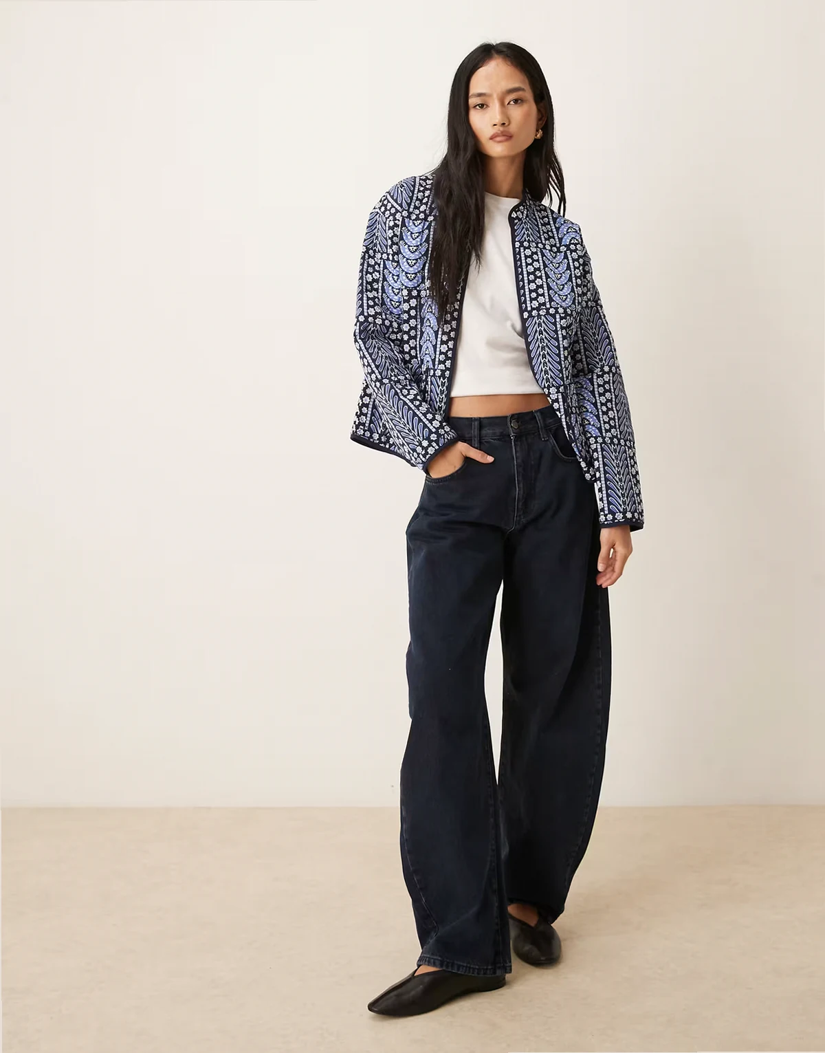 printed quilted jacket in light blue patchwork