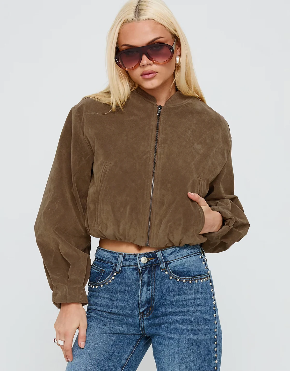 Mastery faux suede balloon sleeve cropped bomber jacket in brown