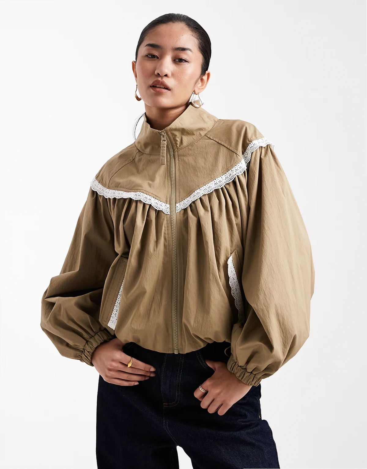 lace trim funnel neck track jacket in khaki