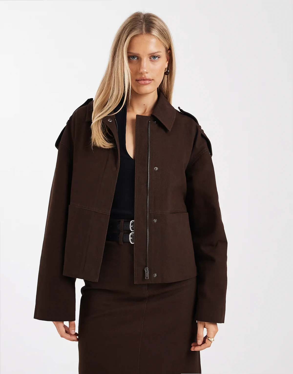 cotton rich buckle detail zip up harrington jacket in chocolate - part of a set