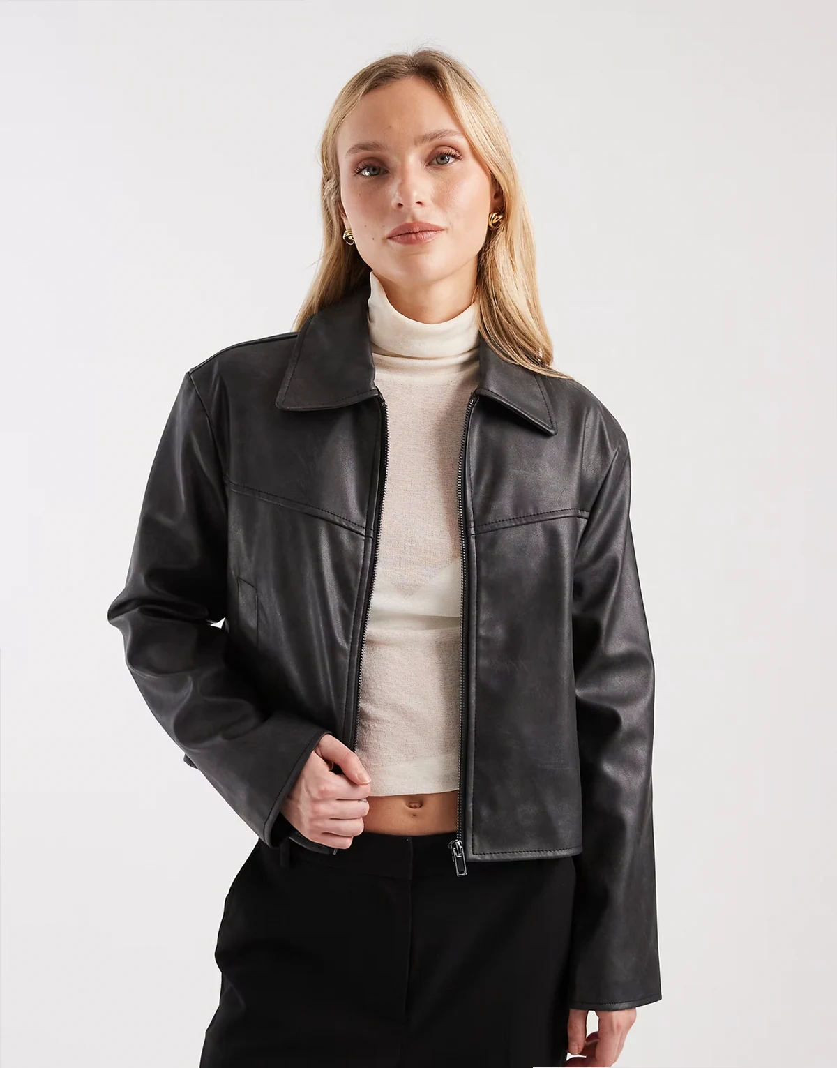 ASOS DESIGN Petite leather look top collar jacket in washed black