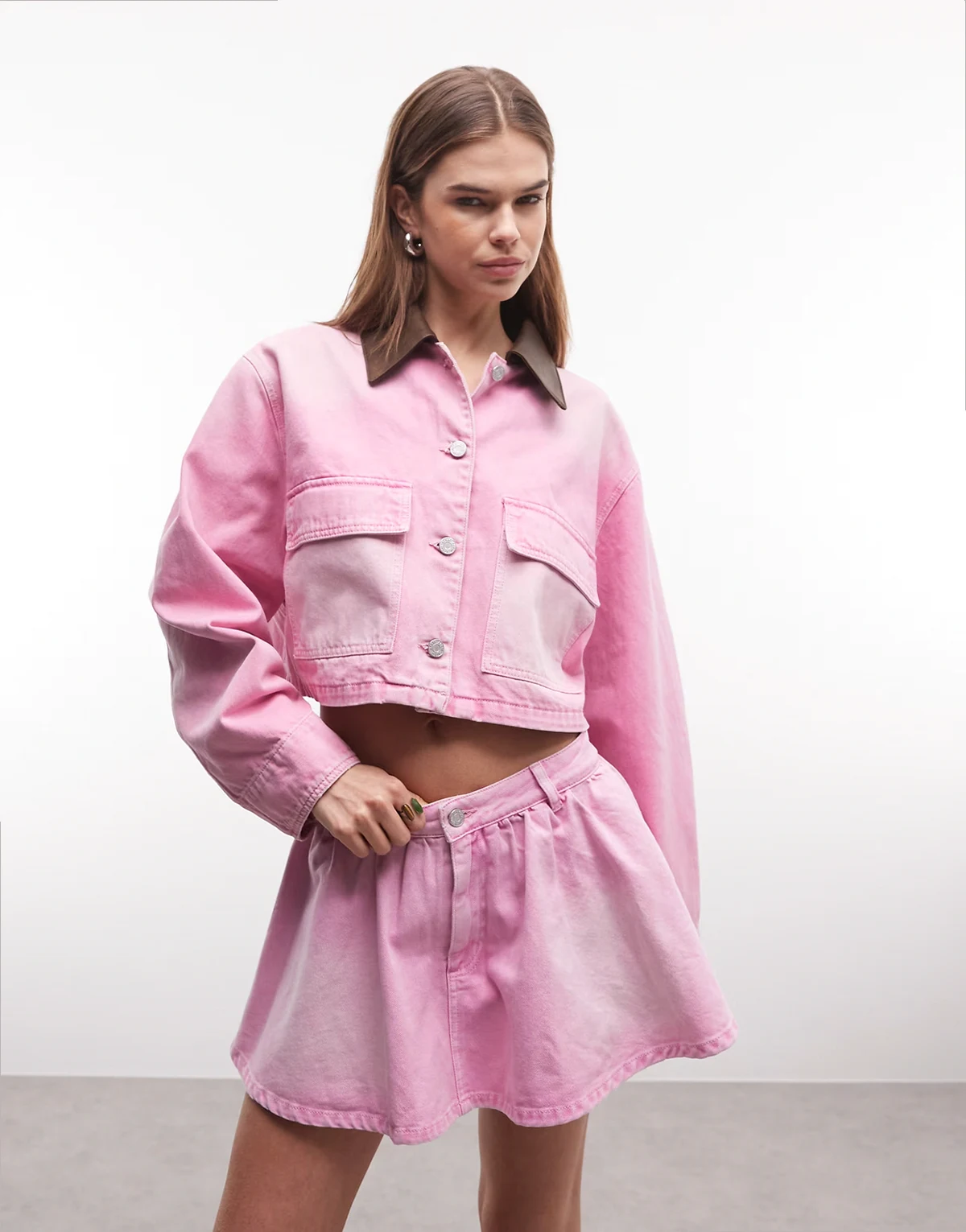 Tanner denim cropped utility jacket in soft pink - part of a set