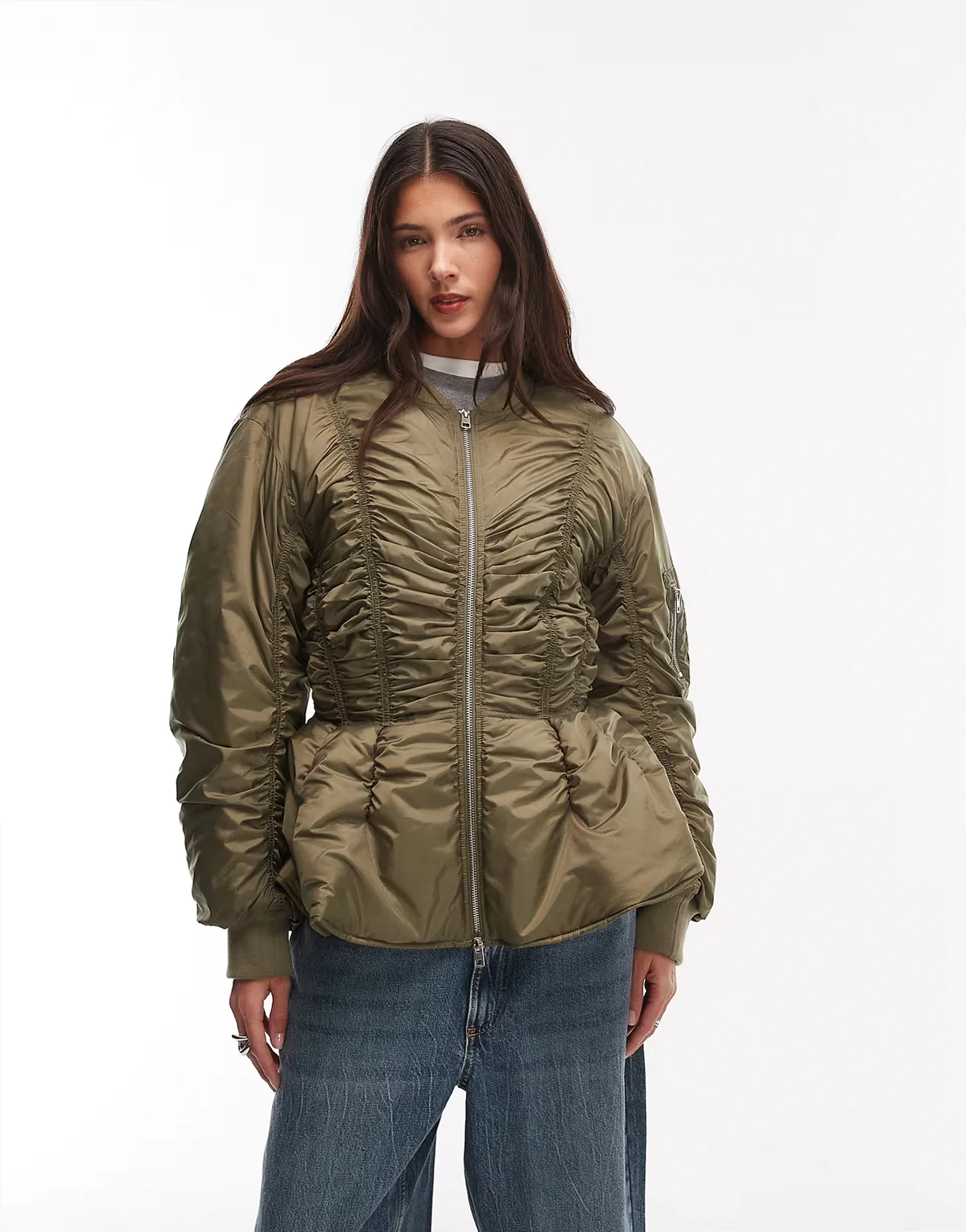 bomber jacket with gathered detail in khaki