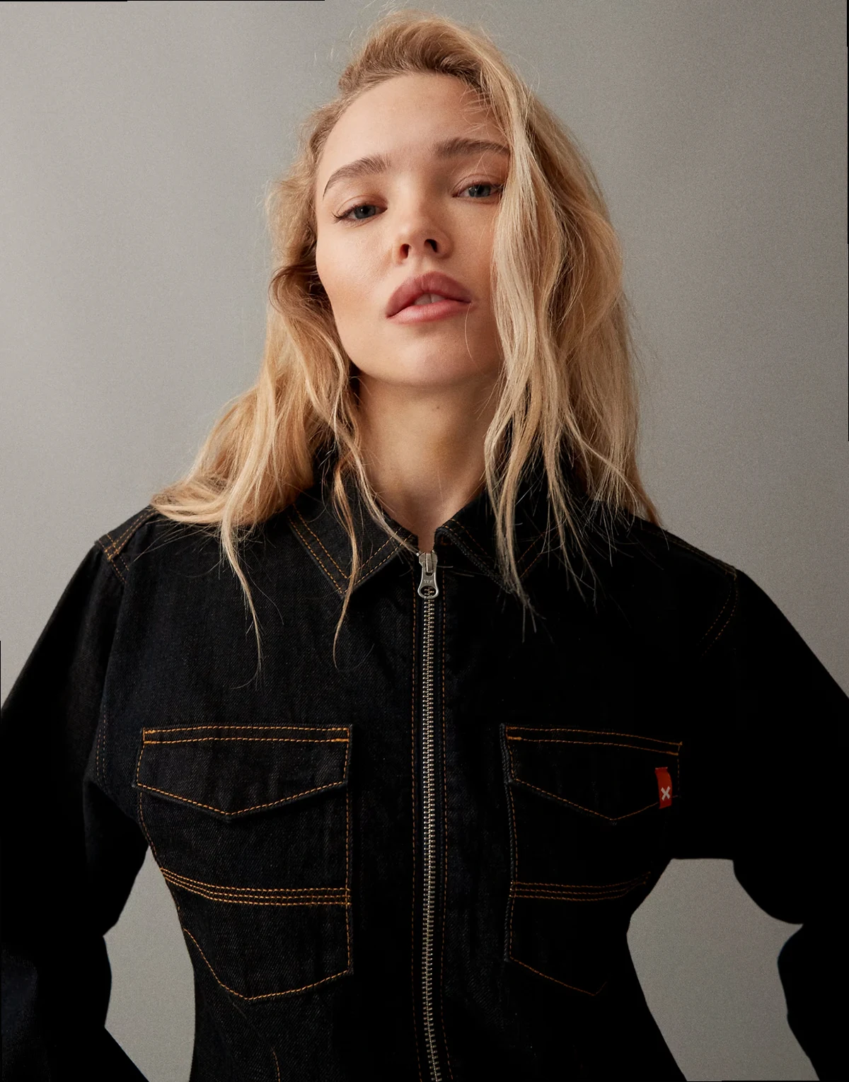 fitted jacket with orange contrast cuffs in dark blue