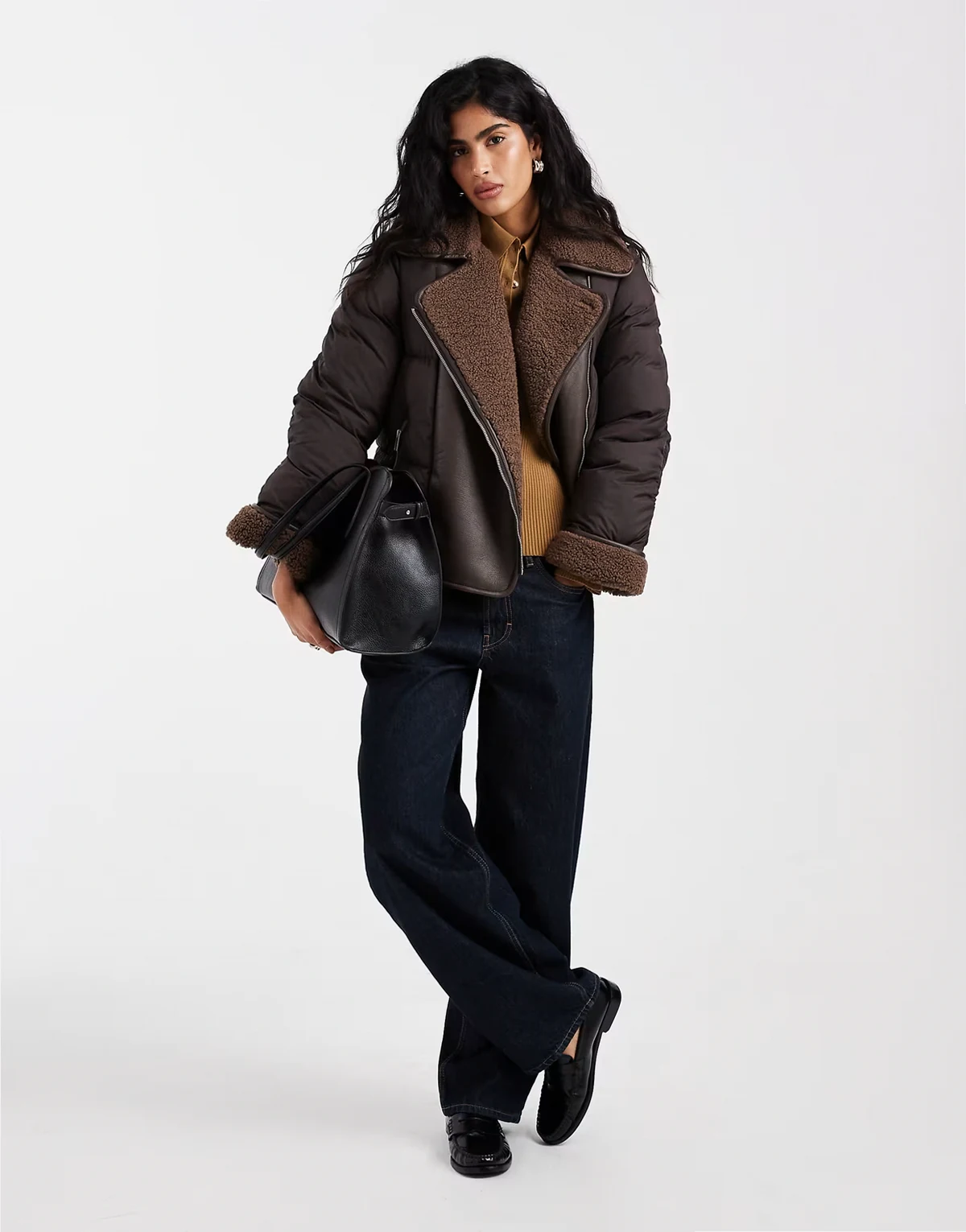 mixed textile short puffer jacket with borg trim in chocolate