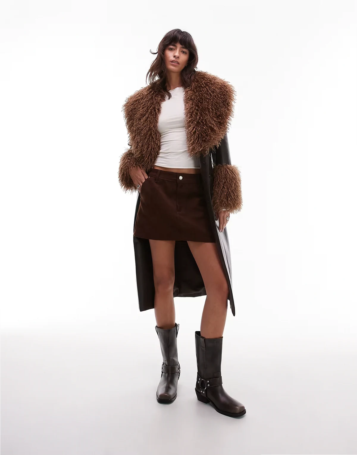Orla faux fur collared longline jacket in brown